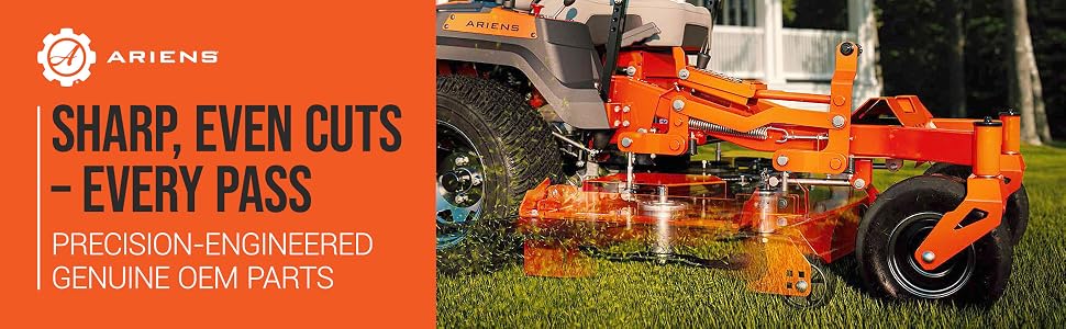 Sharp, even cuts – every pass&amp;#34; text next to a zero-turn lawn mower cutting grass.