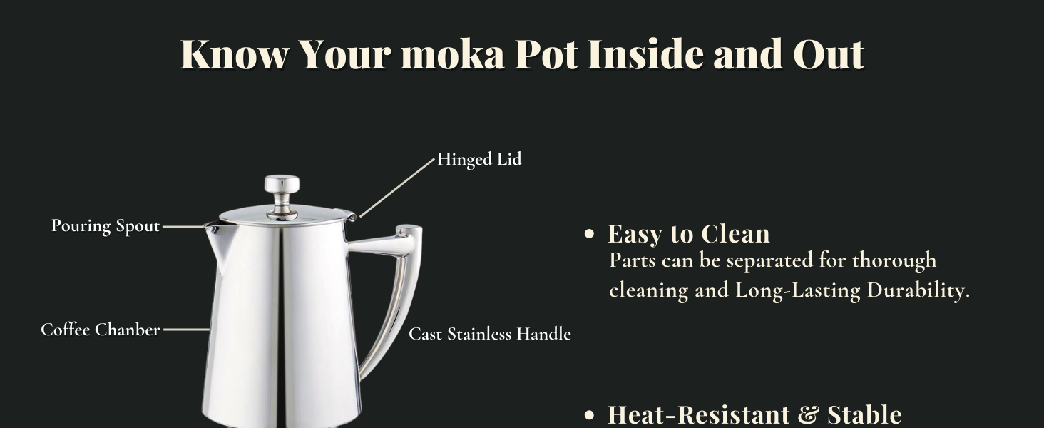 Stovetop Espresso Maker Made of Polished, HighQuality 1810 Stainless Steel