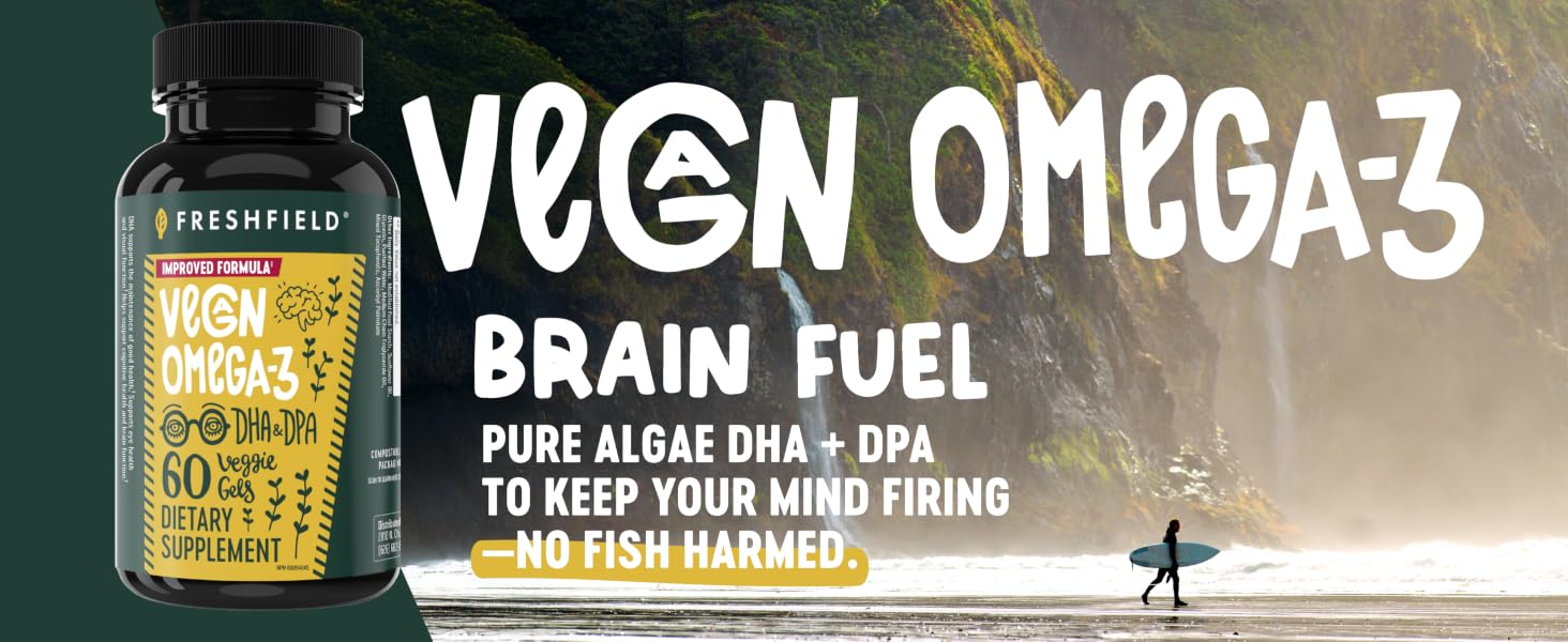 Freshfield vegan omega 3 supplement with algae DHA DPA brain health support and no fish harmed