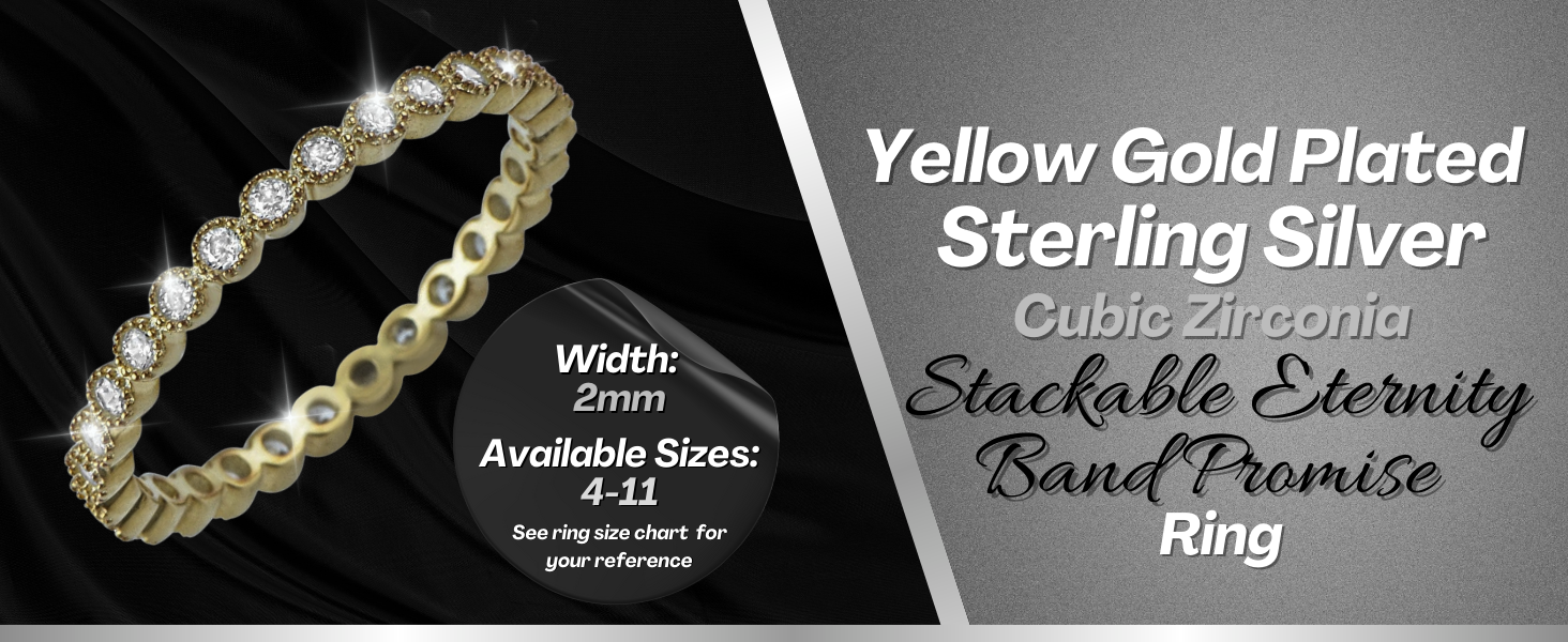 Sterling Silver CZ Thin Stacking Eternity Band Yellow Gold Plated Ring Main Visual Mobile