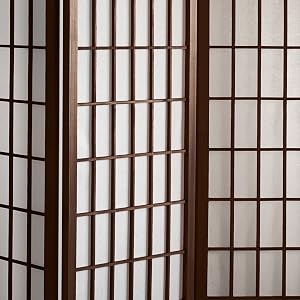 Close up view of walnut window pane shoji screen