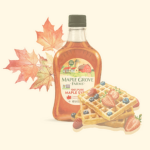 Image of maple grove farms pure maple syrup with waffles and strawberries