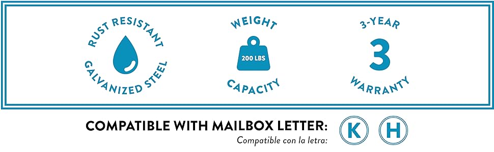 rust resistant galvanized steel, 200 lbs weight capacity, compatible with mailbox letter K or H