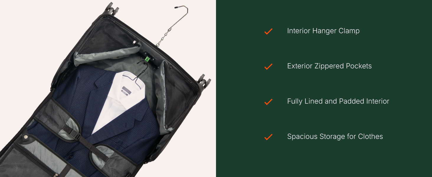 Interior image with suit, hanger clamp, fully lined padded interior, spacious storage