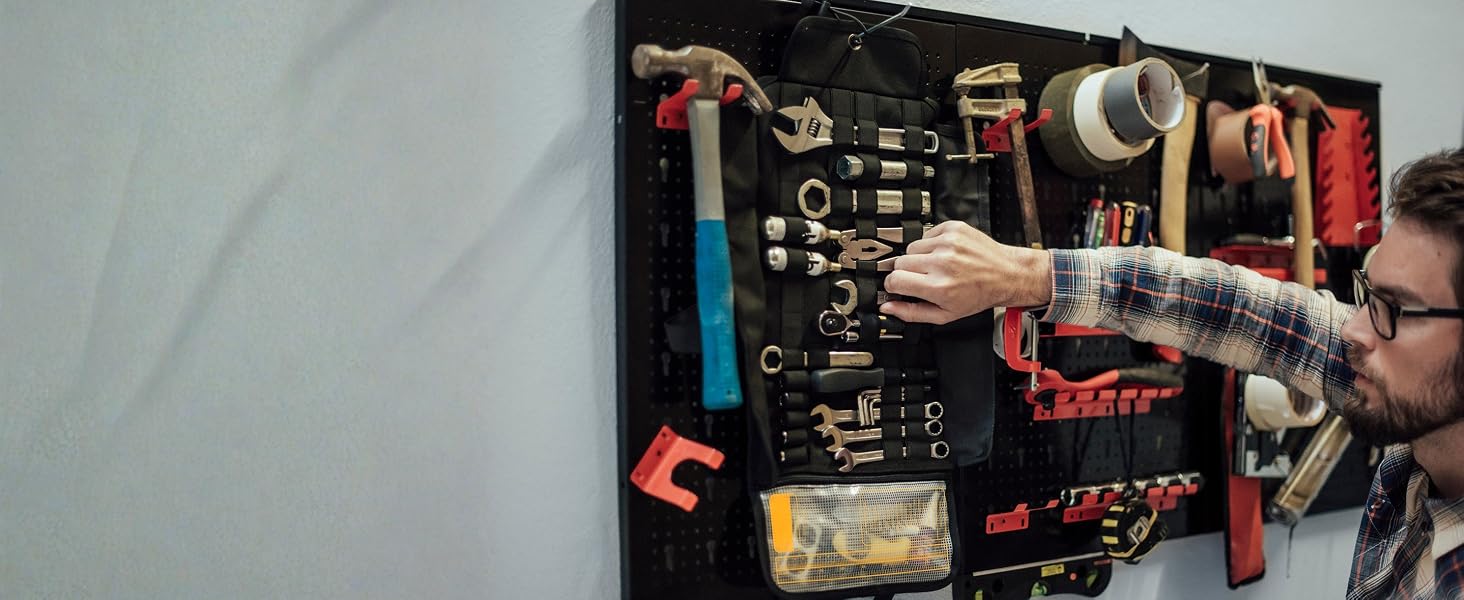 The motorcycle tool roll up organizer can be hanged on your workshop wall.