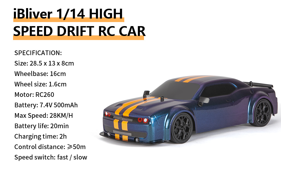 iBliver 1/14 RC drift car. Blue with yellow stripes. Specifications: 28.5x13x8cm, 16cm wheelbase, RC260 motor, 7.4V battery, 28KM/H max speed, 20min battery life.
