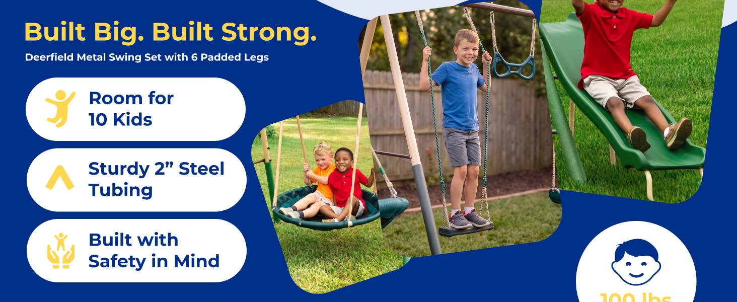 XDP Recreation metal backyard swing set for up to 10 kids. Includes a slide, see-saw, &amp;amp; 5 swings