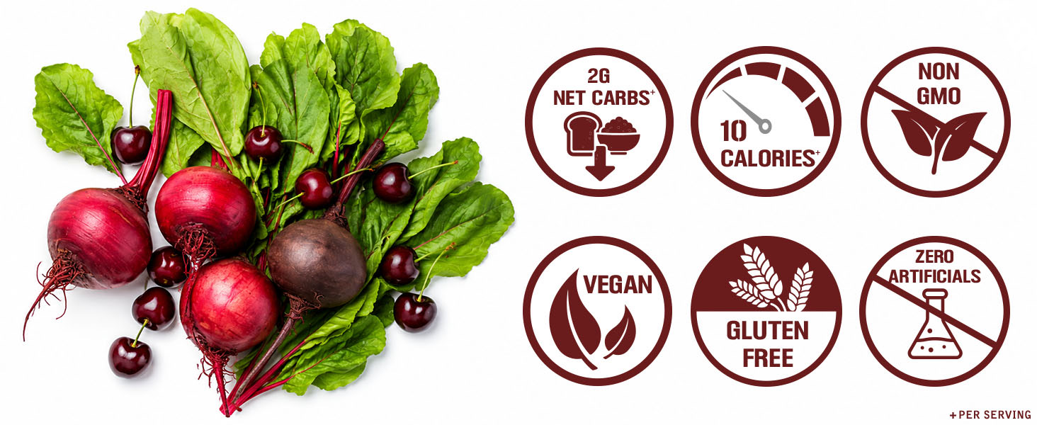 EVL BeetMode 2g net carbs 10 calories non-GMO vegan gluten free zero artificials per serving