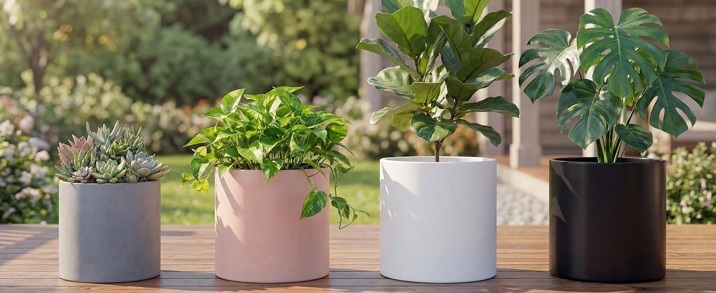 Mess-free drop-in technique for large 14 inch matte black fiberstone floor planter on wood deck.
