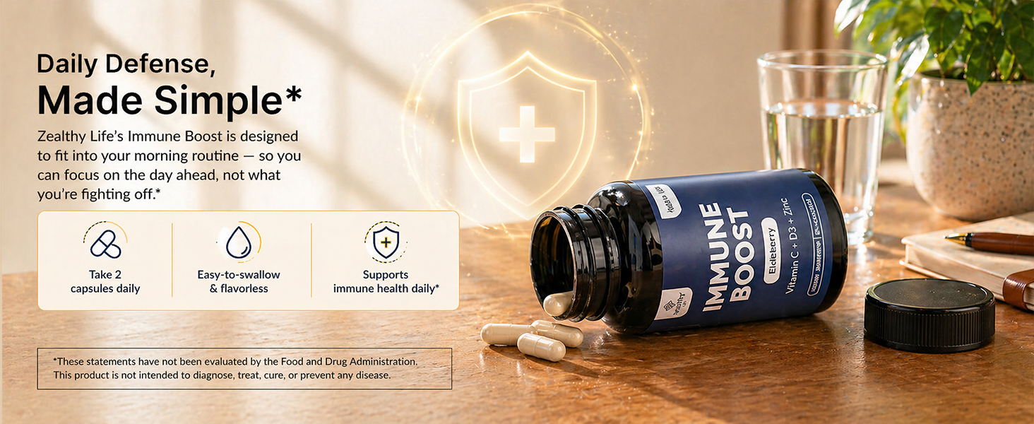 Immune Boost supplement bottle with capsules on table next to glass of water and plant