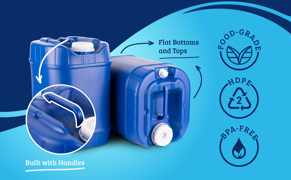 Two water storage containers with callouts highlighting their materials.