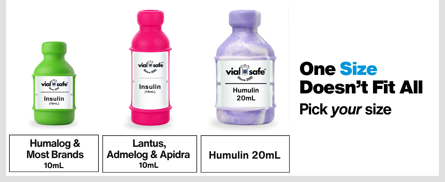 Insulin vial protector case sizes: 10mL for Humalog, Lantus, Admelog and 20mL Humulin insulin vials
