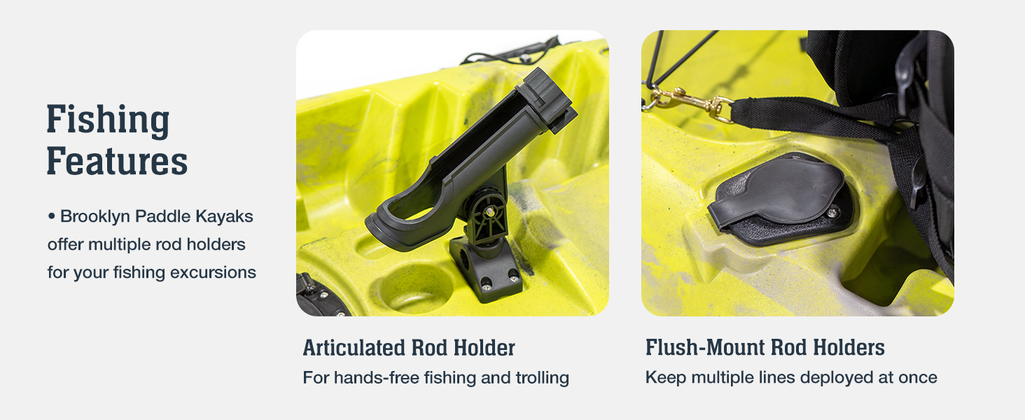 fishing features with articulated rod holder and multiple flush mount rod holders