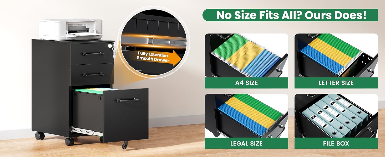 3 Drawer Mobile File Cabinet with Lock,Under Desk Storage Filing Cabinet for Home Office