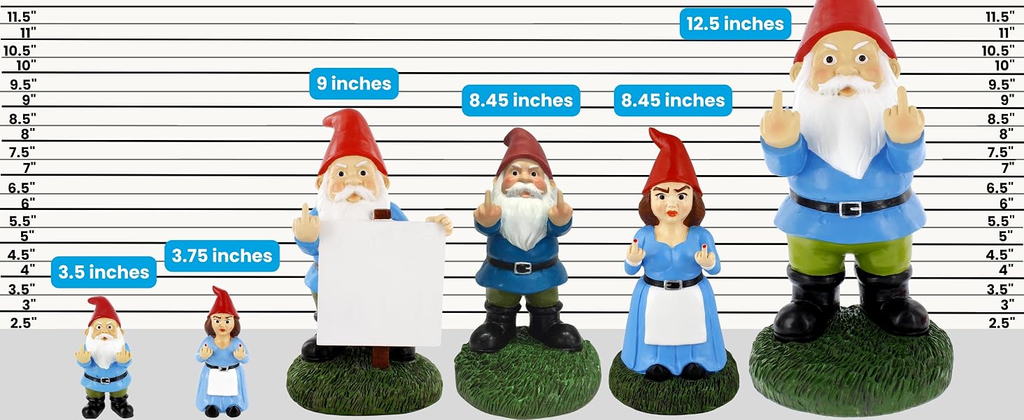 All the Double Bird and Single Bird gnomes from 3.5 inch mini gnome to 12.5 inch extra large