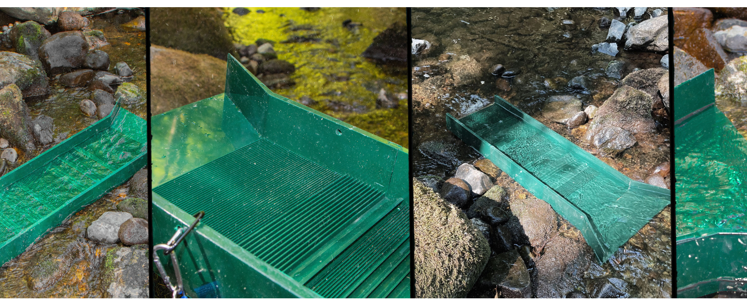 lifestyle image collage of green plastic multi riffle sluice box in rocky creek bed