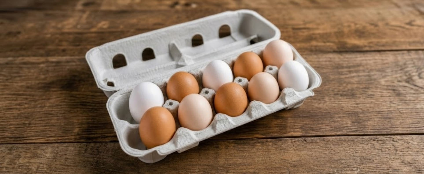 eggs inside an egg carton open on a hardwood table, dozen eggs displayed