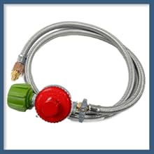 Propane regulator with braided hose and brass control knobs.