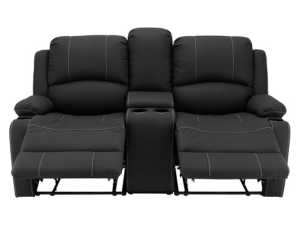 Front view of black wall hugger double recliner reclined back.