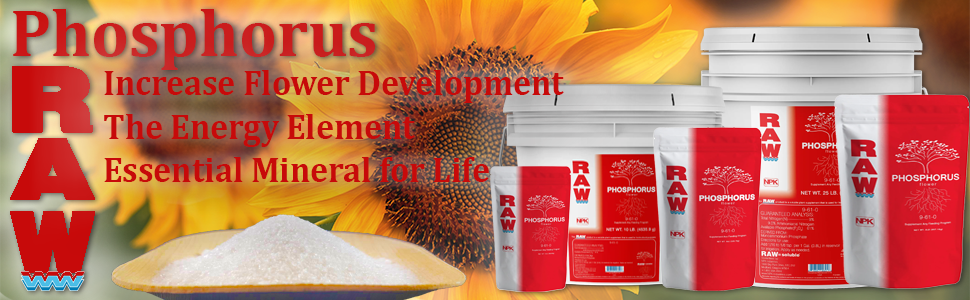 NPK Industries RAW Phosphorus all sizes in fornt of sunflowers