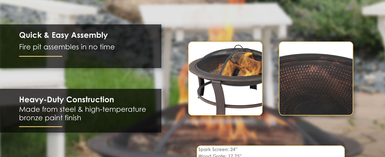 29-Inch Elevated Wood-Burning Fire Pit Bowl with Stand - Spark Screen, Wood Grate, and Poker