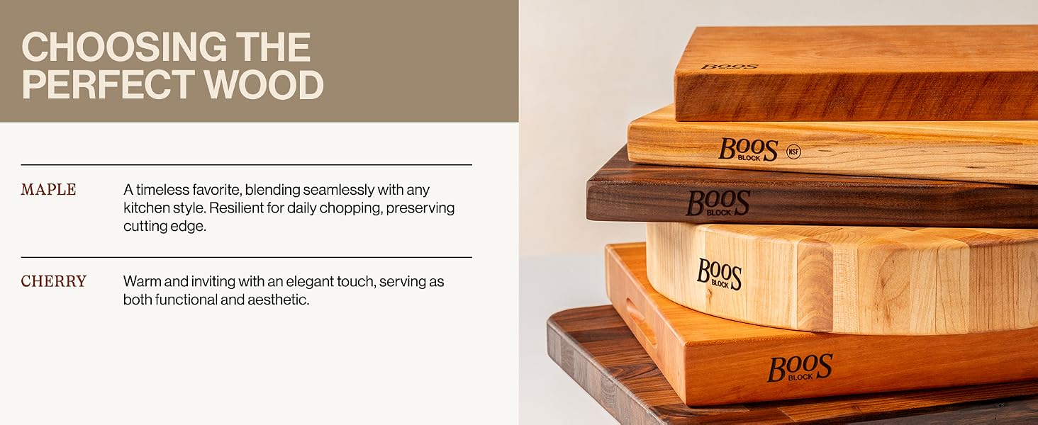 Comparison of different cutting board woods. Text Reads: Choosing the Perfect Wood.