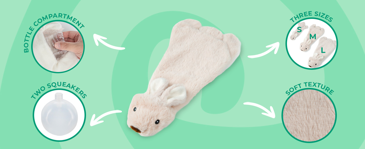 bottle compartment, three sizes, soft texture, and two squeakers