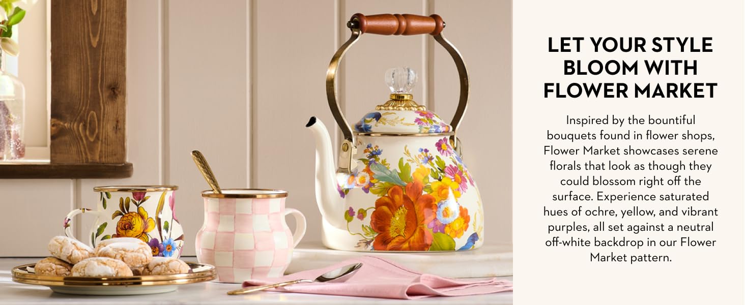 Let your style bloom with flower market, tea kettle and mug with Rosy Check mug.