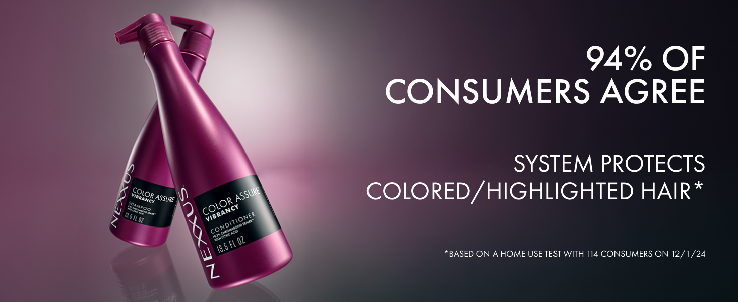 Two pump bottles, shampoo and conditioner, with backlight and consumer test results text.