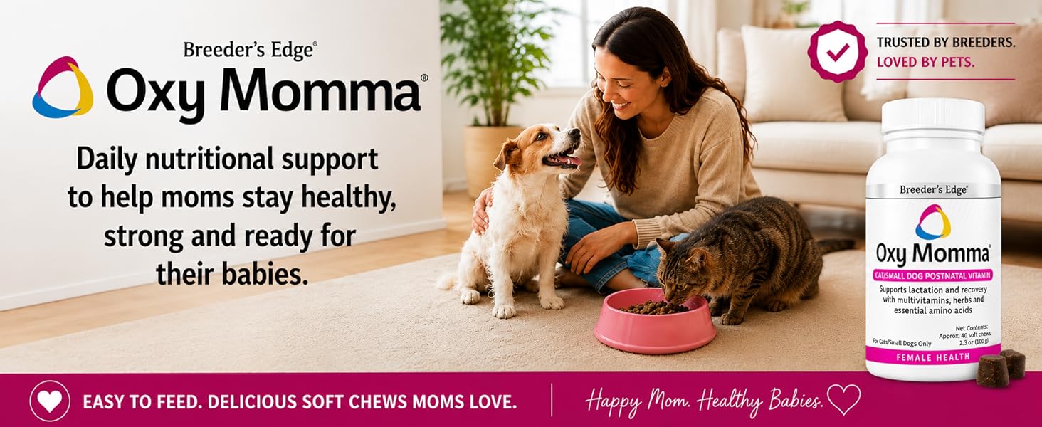 Breeder’s Edge Oxy Momma home banner featuring woman with dog and cat using postnatal supplement.