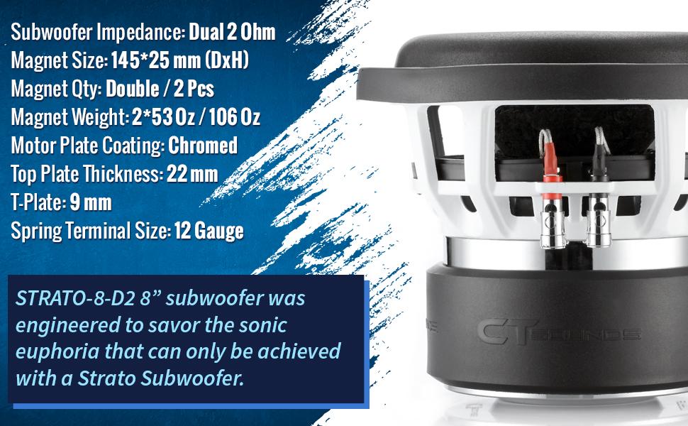 Strato 8 inch subwoofer ct sounds car 8 sub power loud bass dual 2 ohm D2