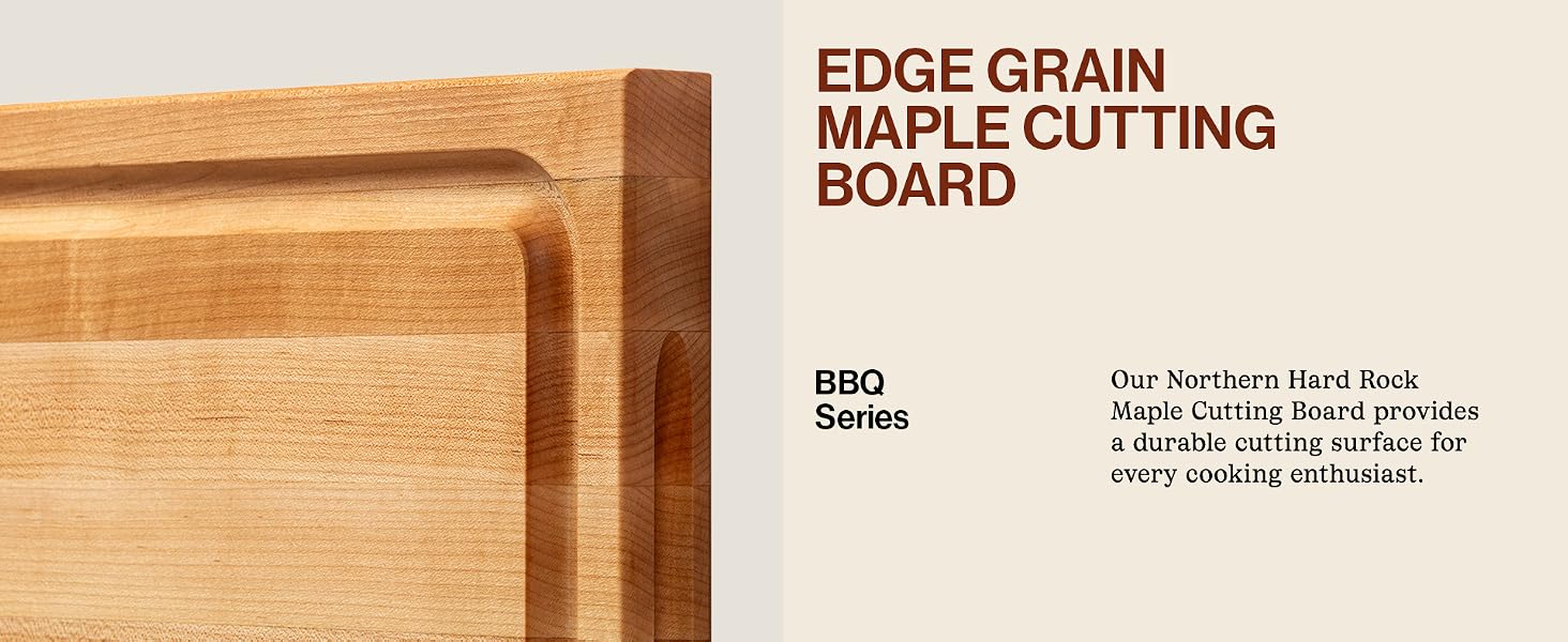 Cutting board edge from the Prestige series. Text Reads: Edge Grain Maple Cutting Board.