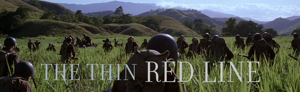 The Thin Red Line title banner: soldiers trudge through high reeds with hills in the foreground