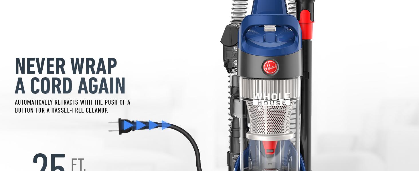 Hoover rewind cord bagless corded upright HEPA filter allergen allergies pet hair vacuum cleaner