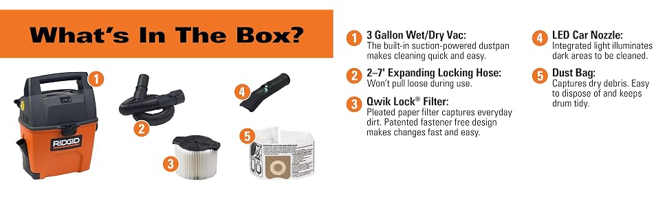 RIDGID VAC, SHOP VAC, SHOP VACUUM, WET DRY VAC, GARAGE VACUUM, CAR CLEANING, LED NOZZLE