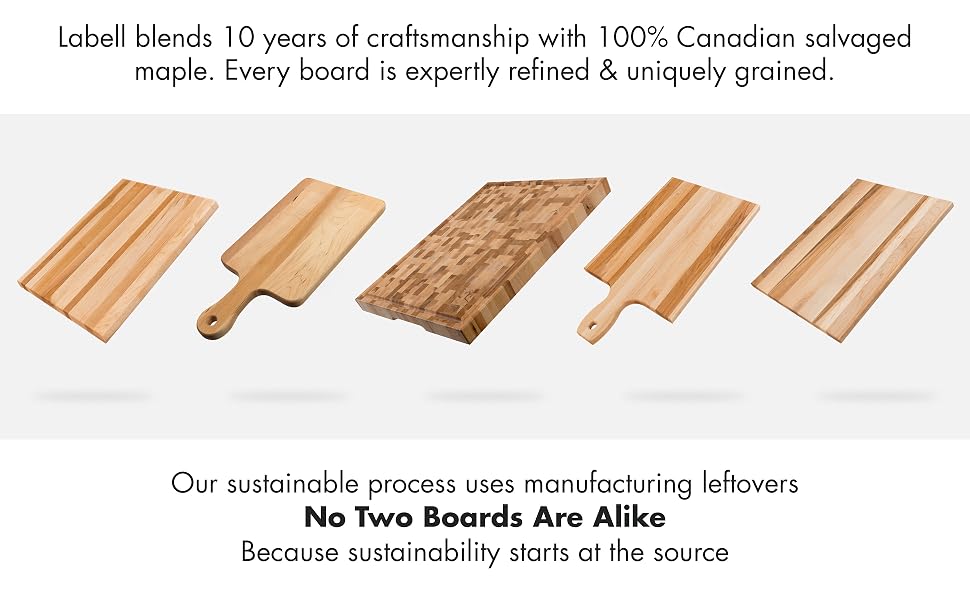 Text reads: 'Label blends 10 years of craftsmanship with 100% Canadian salvaged maple. Every board is expertly refined &amp; uniquely grained' showing progression of wood grain samples.