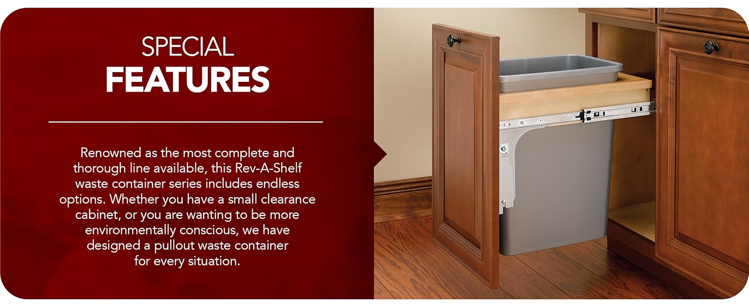 A kitchen pullout waste cabinet next to an oven. Text reads: Special features.