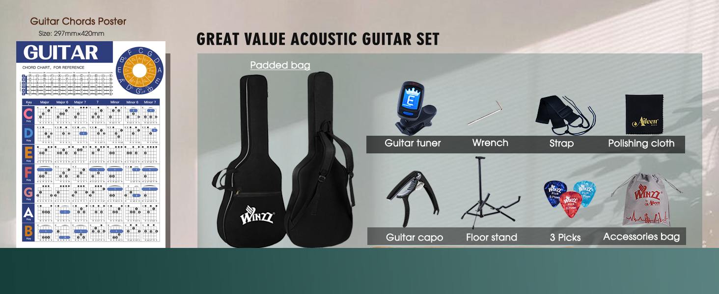 Text reads "GREAT VALUE ACOUSTIC GUITAR SET". Acoustic guitar set with two guitars, microphone, stand, tuner, cables, and accessories displayed on teal background.