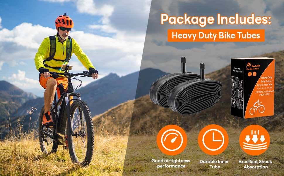 Heavy duty bike tubes package with cyclist riding mountain bike. Inset images show tube, durability icon, and puncture resistance symbol. Orange text highlights package contents.