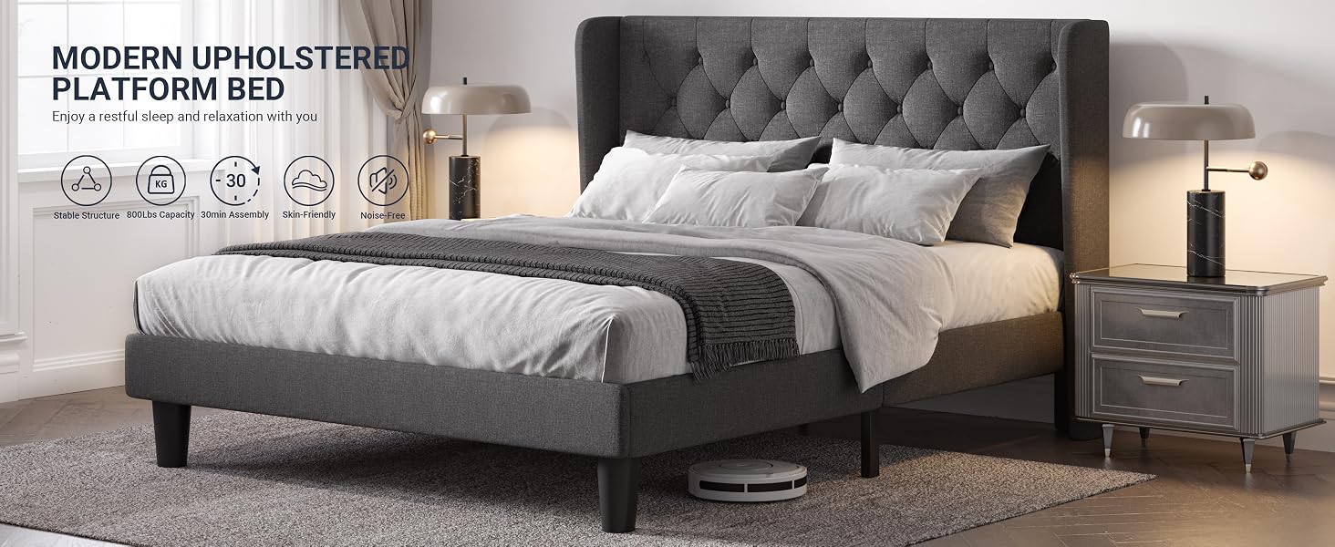 MODERN UPHOLSTERED PLATFORM BED Stable Structure 30min Assembly Skin-Friendly Noise-Free
