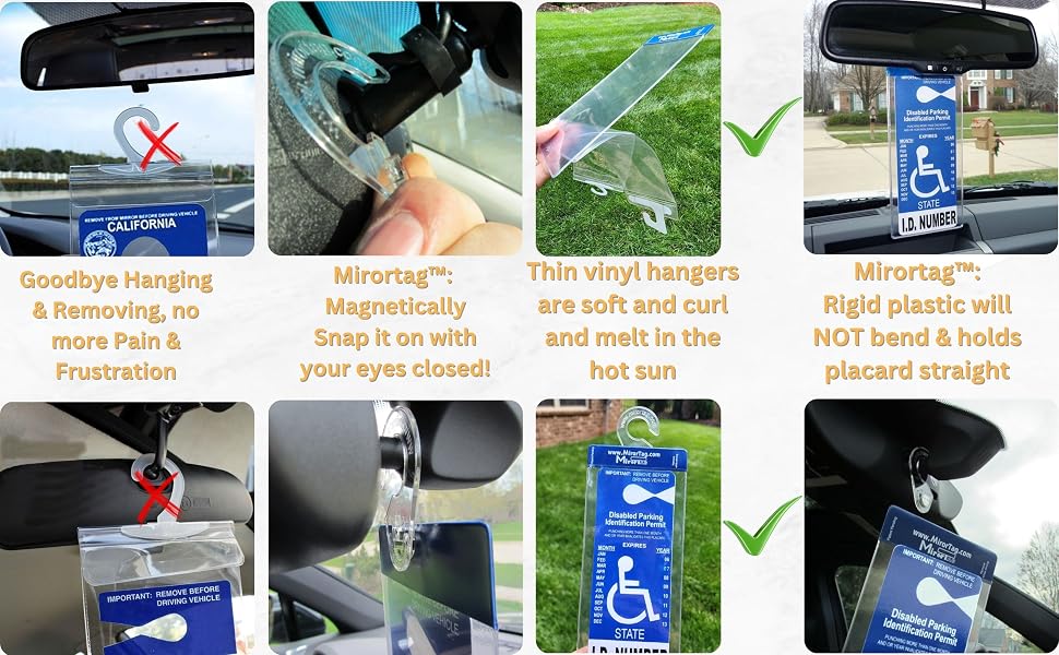Handicap parking permit holder Mirortag shown with magnetic hook to display disabled placard easily