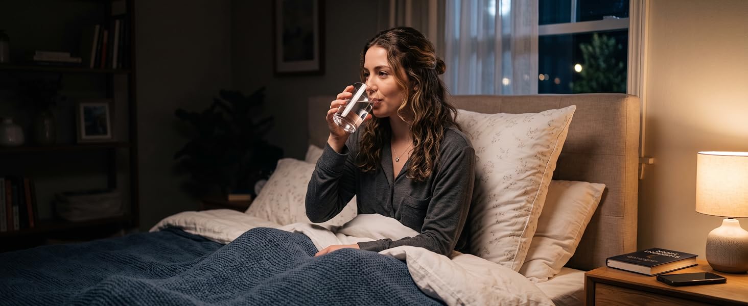 Woman drinking a glass of water while sitting in bed at night