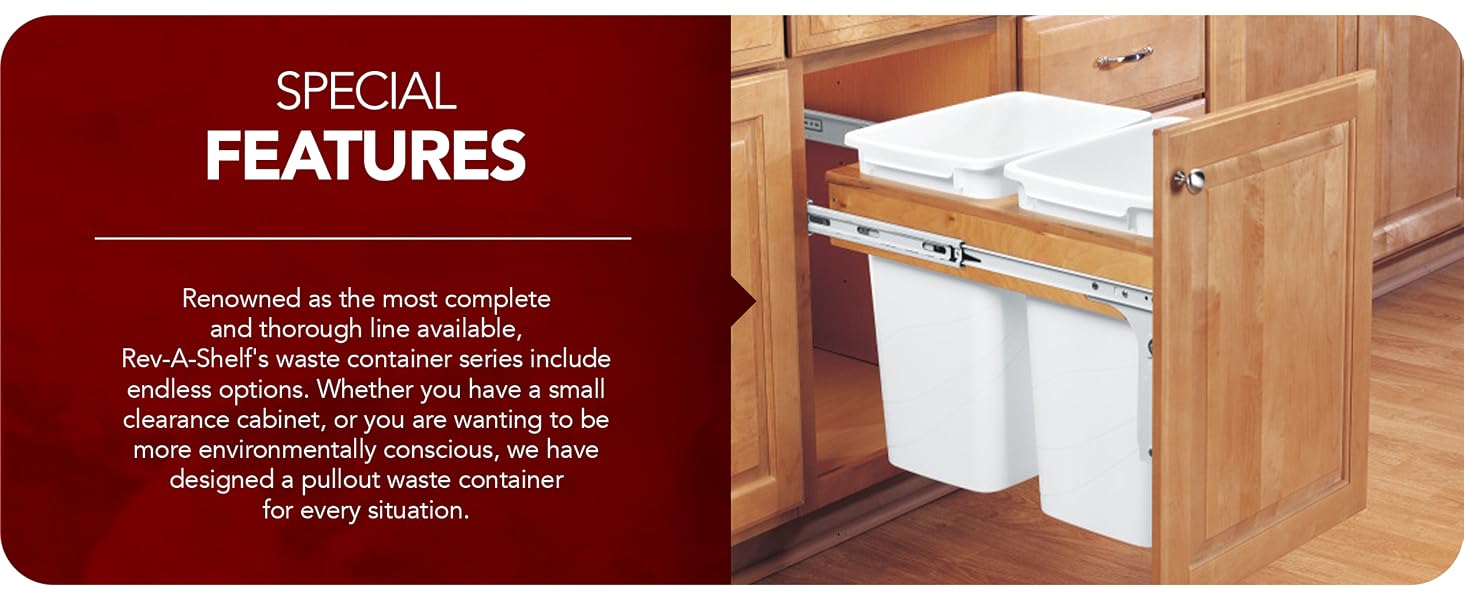 A white-colored double trash can cabinet system. Text reads: Special Features.