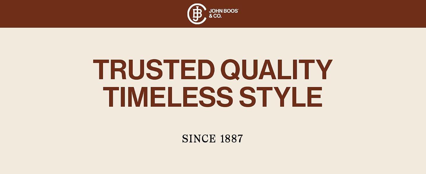 John Boos logo on dark brown box. Text: Trusted Quality, Timeless Style, Handcrafted USA Since 1887.