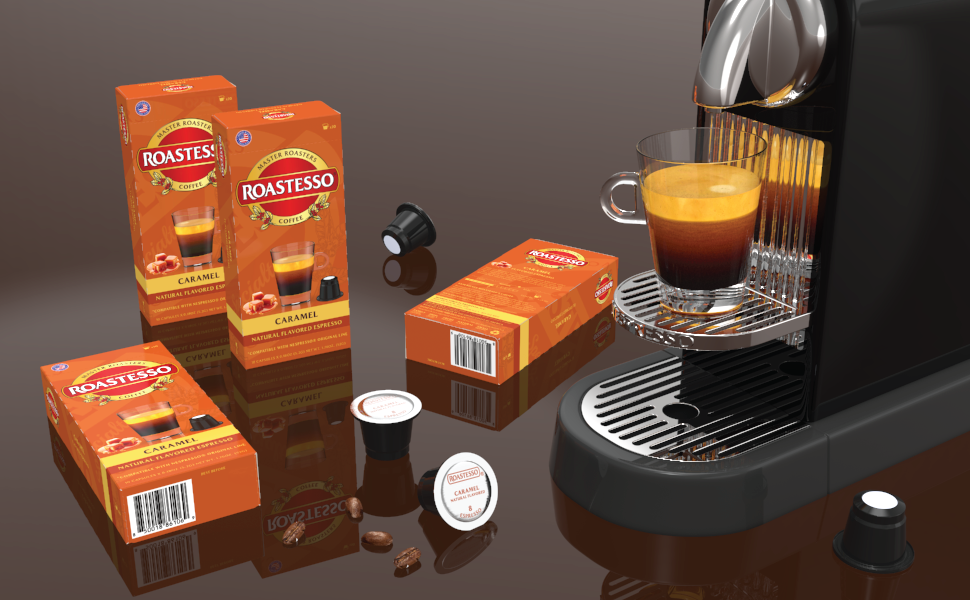 Roastesso Natural Caramel Flavored Coffee Nespresso Compatible OriginalLine Espresso Capsules &amp; Pod