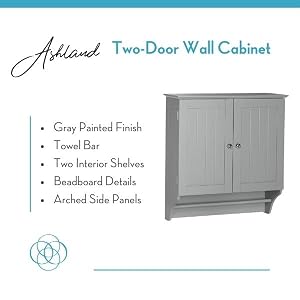 Ashland Gray two-door wall cabinet with towel bar, interior shelves and beadboard details