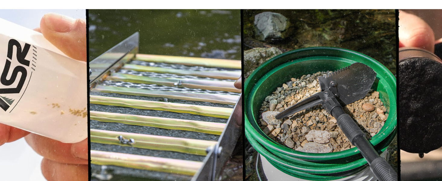 image collage of gold panning equipment including recovery bottle, a sluice box and pick up tool