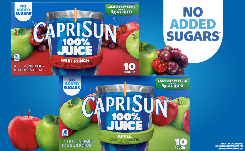 No added sugars callout with two 10 count boxes of Capri Sun 100% Juice in Fruit Punch and Apple.