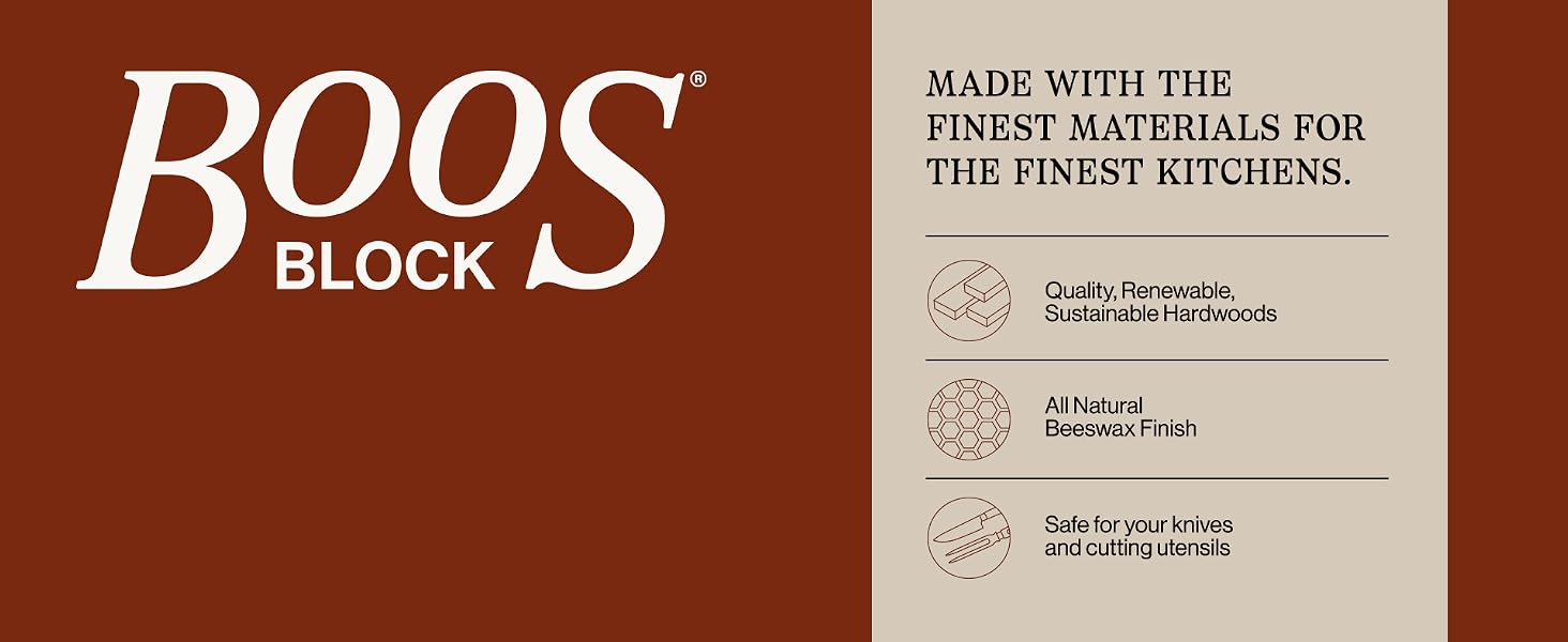Boos Block logo on top of dark sienna BG w/ icons that represent the cutting boards.