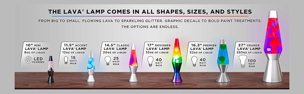 LAVA Lamp sizes mini, accent, classic, designer, premier, grande
